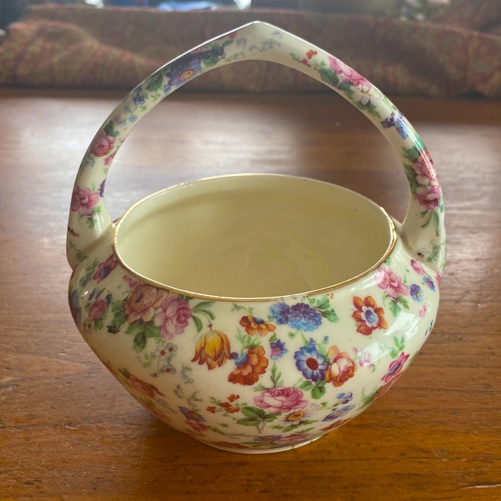 Vintage Erphila Chintz floral pattern transfer print off white pottery basket